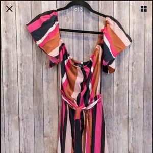 Stripped Belted Off Shoulder Ruffle Maxi Dress